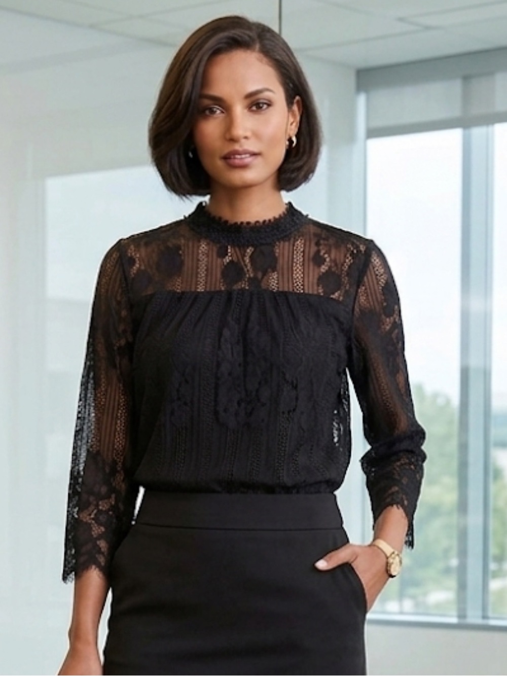 Work Ready! NWT New York and Company Black Lace Shirt Size Small